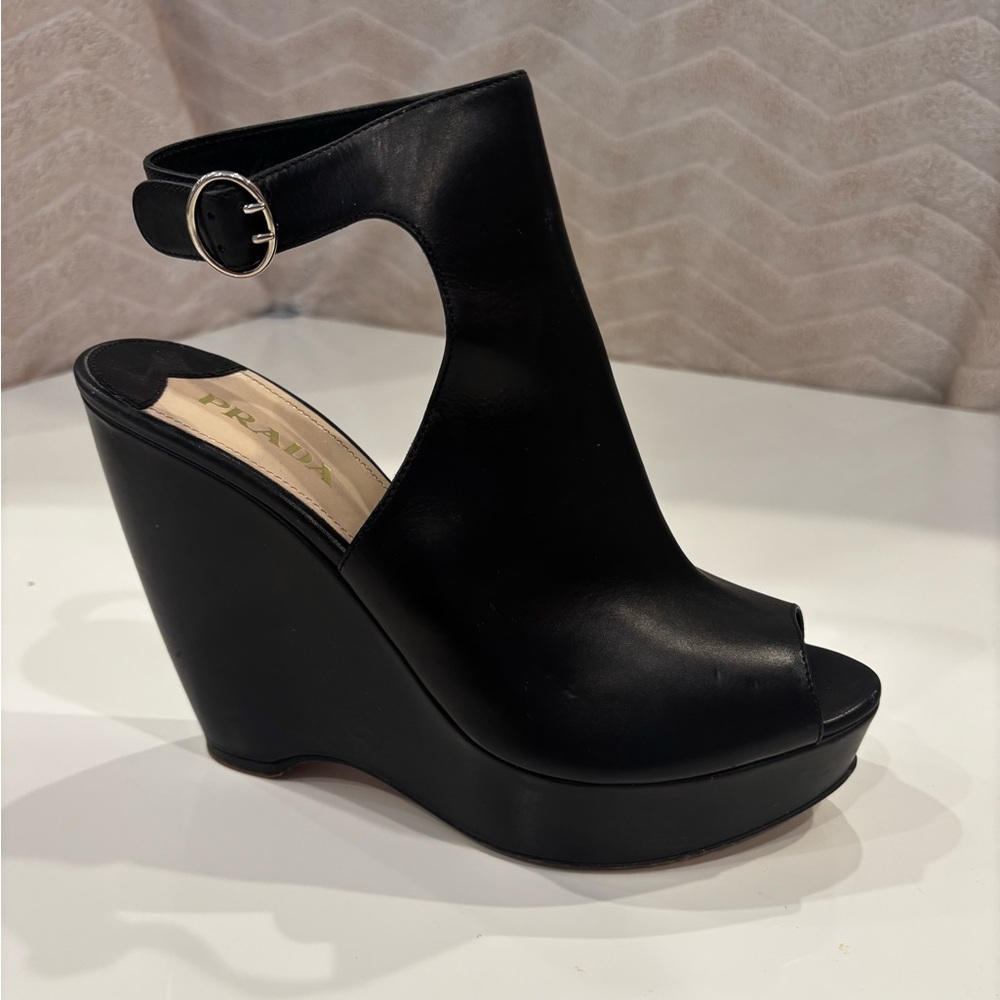 Authentic Prada Black Leather Wedge Sandals with Ankle Strap
